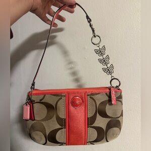 Coach Tan, Brown and Coral Signature Wristlet